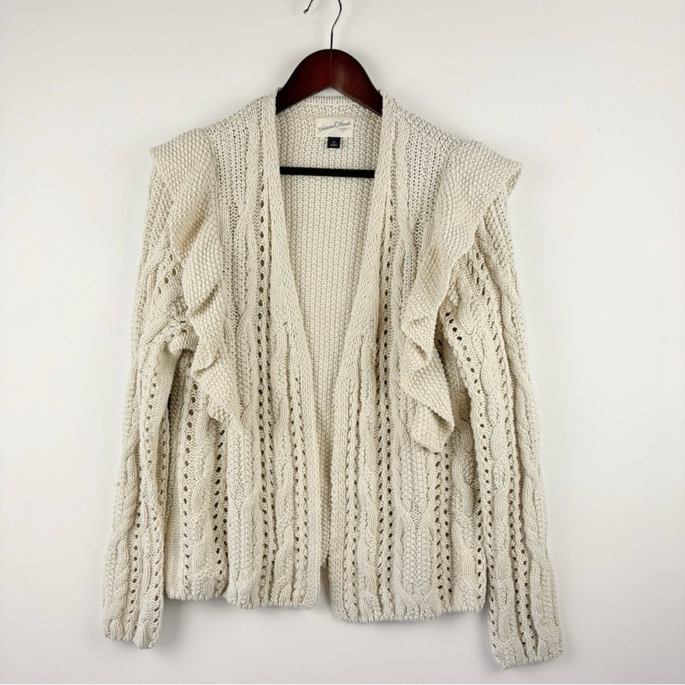 Womens Cream Chunky Knit Open Front Cardigan Sweater Ruffles Boho Cottage Medium